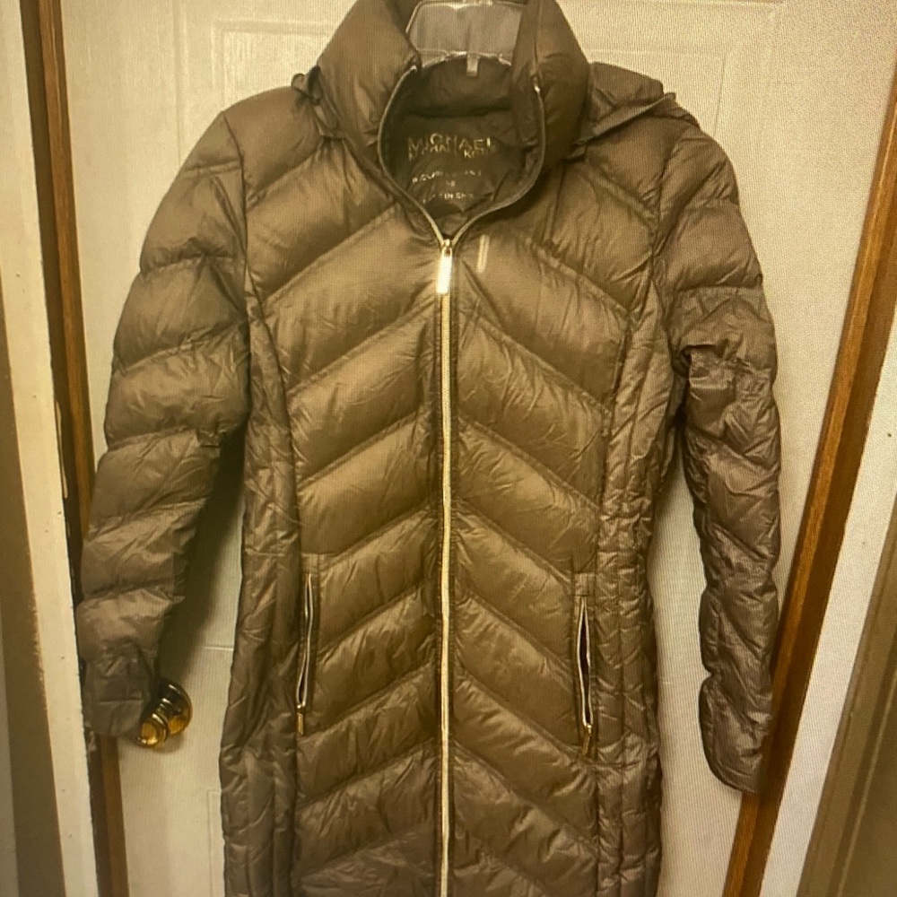 Michael Kors Brown Chevron Long Puffer Coat with Gold Zipper